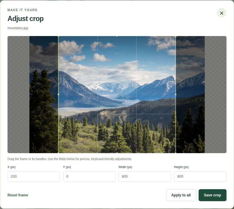 Adjust crop dialog with a square frame over a mountain photo, coordinate fields, and Save crop and Apply to all buttons.