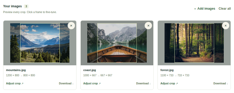 Three sample photos with a shared square crop and different output dimensions in the batch preview.