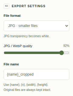 Export settings with JPG selected, quality set to 92 percent, and the filename pattern name followed by cropped.